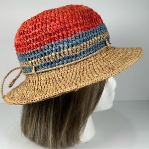 Jaden Rael Rafia Striped Straw Hat Hand Made Beaded Band Red Blue Natural